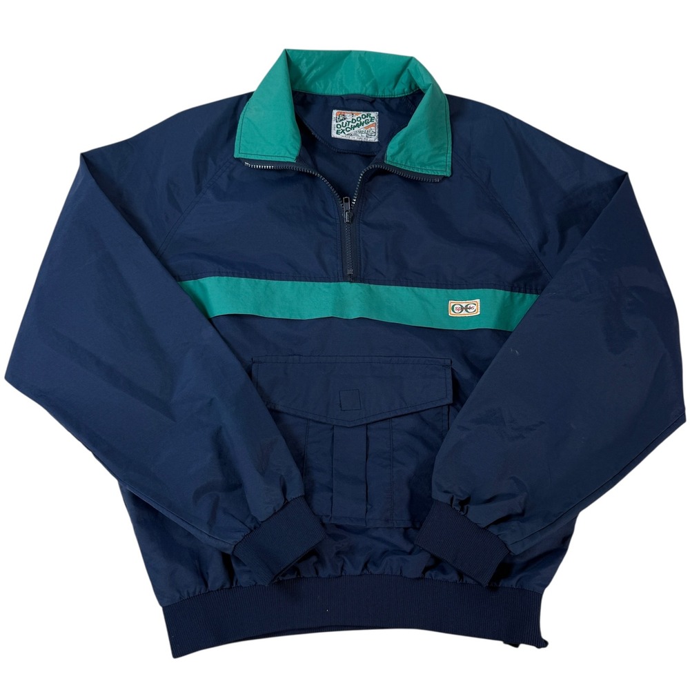 VTG Outdoor Exchange Vintage Men L Navy Green Nylon‎ Quarter Zip Anorak Jacket